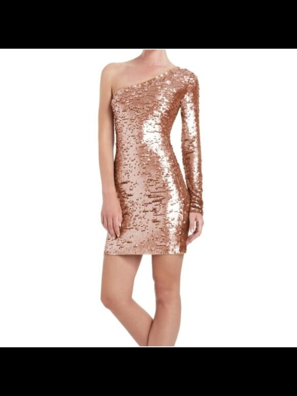 BCBGMaxAzria Rose Gold One-Shoulder Sequin Mini Dress